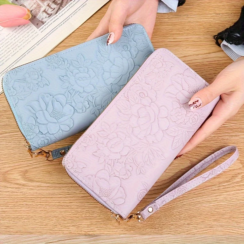 Cartera larga con relieve Floral para mujer, tarjetero de cuero PU, monedero de mano para teléfono de moda Simple, cartera pintada a mano