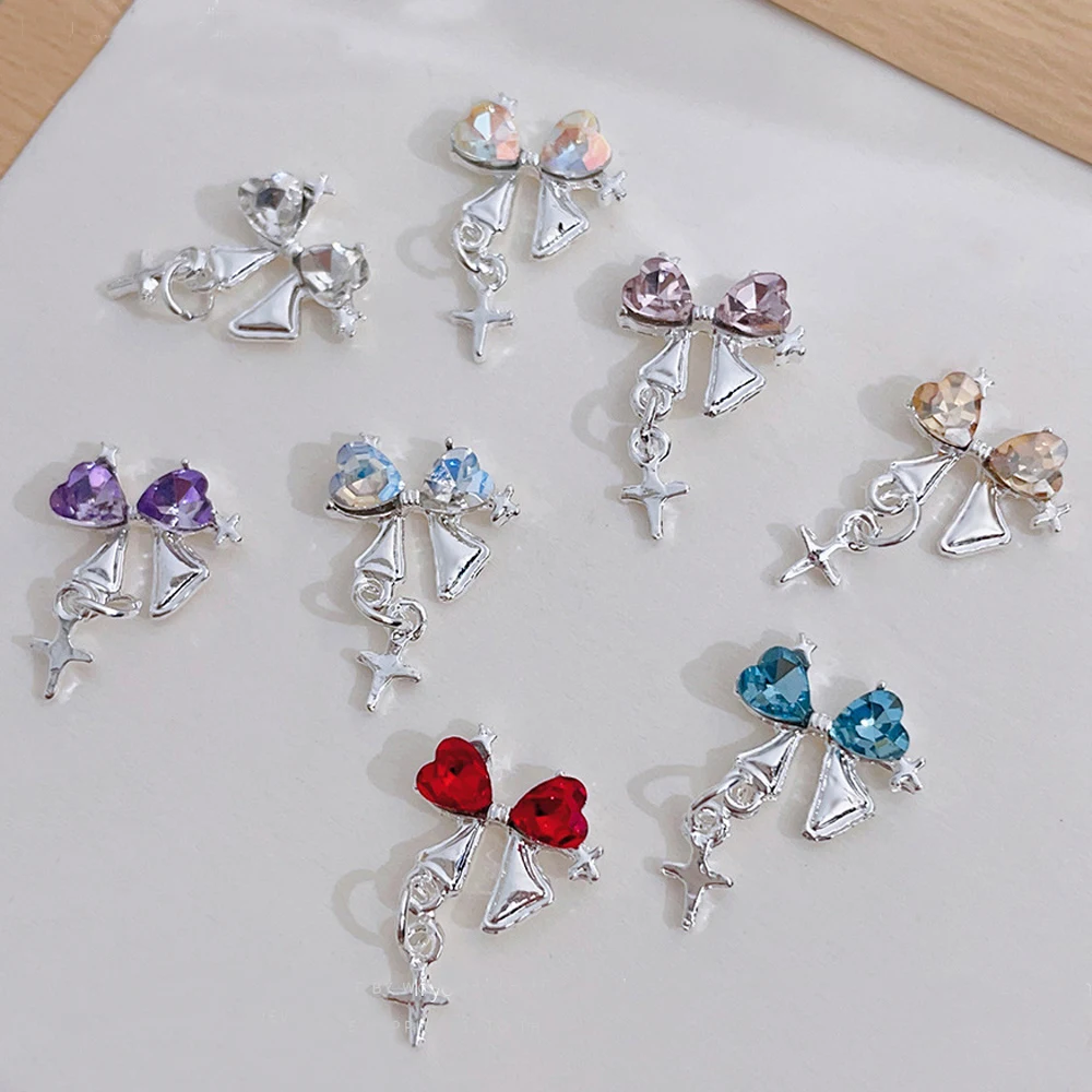 10Pcs Bow Pendant Design Nail Art Charms 3D Zircon Metal Chain Designer Nail Jewelry For Korean DIY Nail Art Accessories