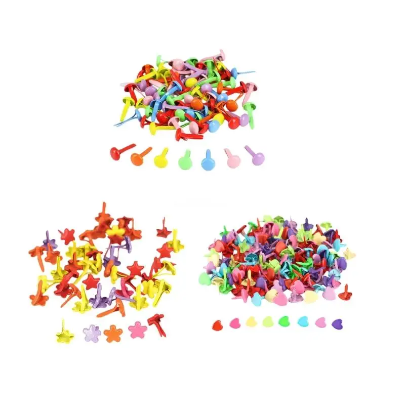 100Pcs Metal Brad Fasteners Multicolor Split Pins Round Flower Heart Shaped Brads for Paper Craft Scrapbooking Dropship