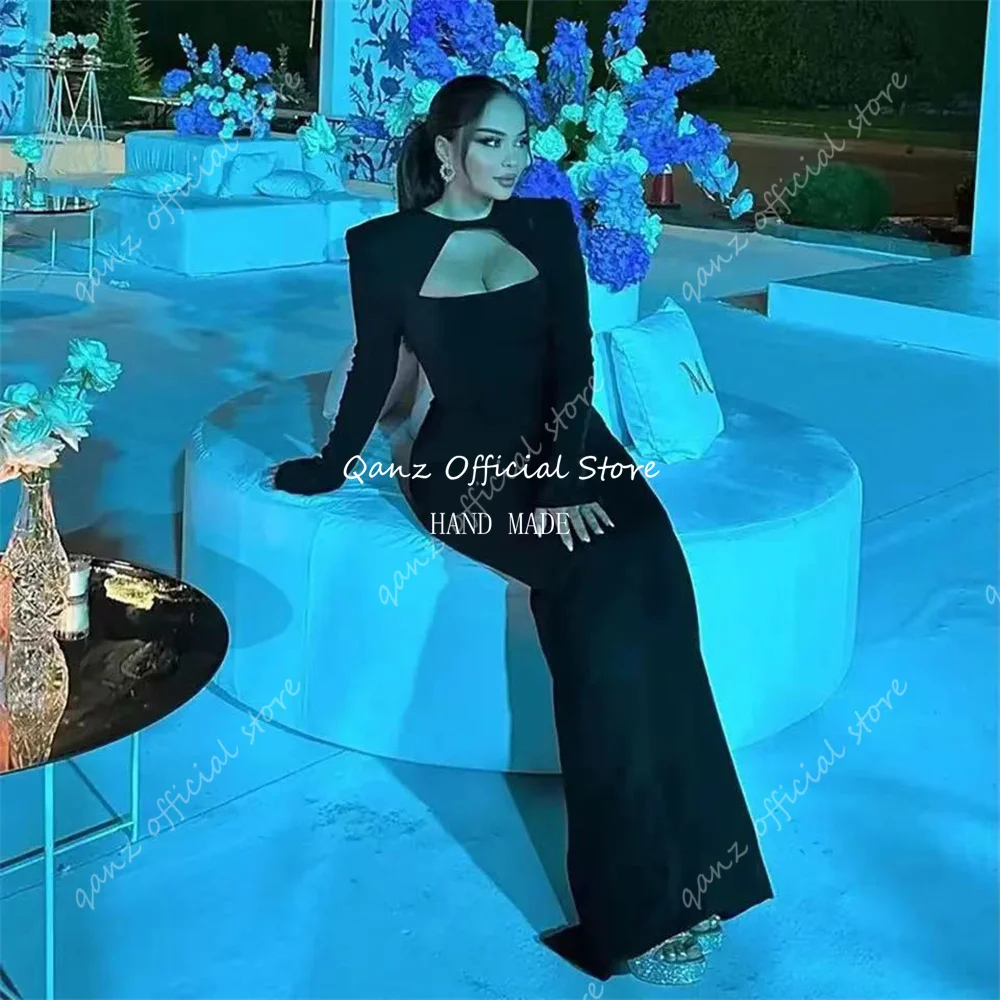 Qanz Elegant Black Satin Arabia Prom Dresses Mermaid Long Sleeves Formal Evening Dresses Women Party Gowns 2024 Customized