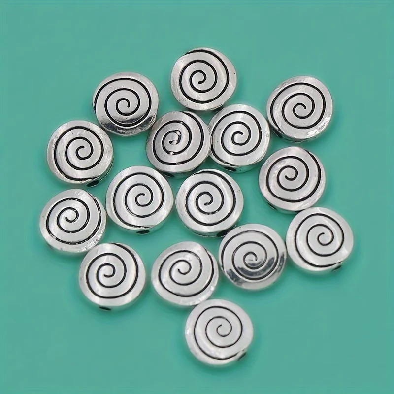 20pcs Antique Silver Flat Round Spiral Spacer Beads Edge Drilled Double Sided Metal Swirl 9.3x9.3mm Jewelry Making DIY L609