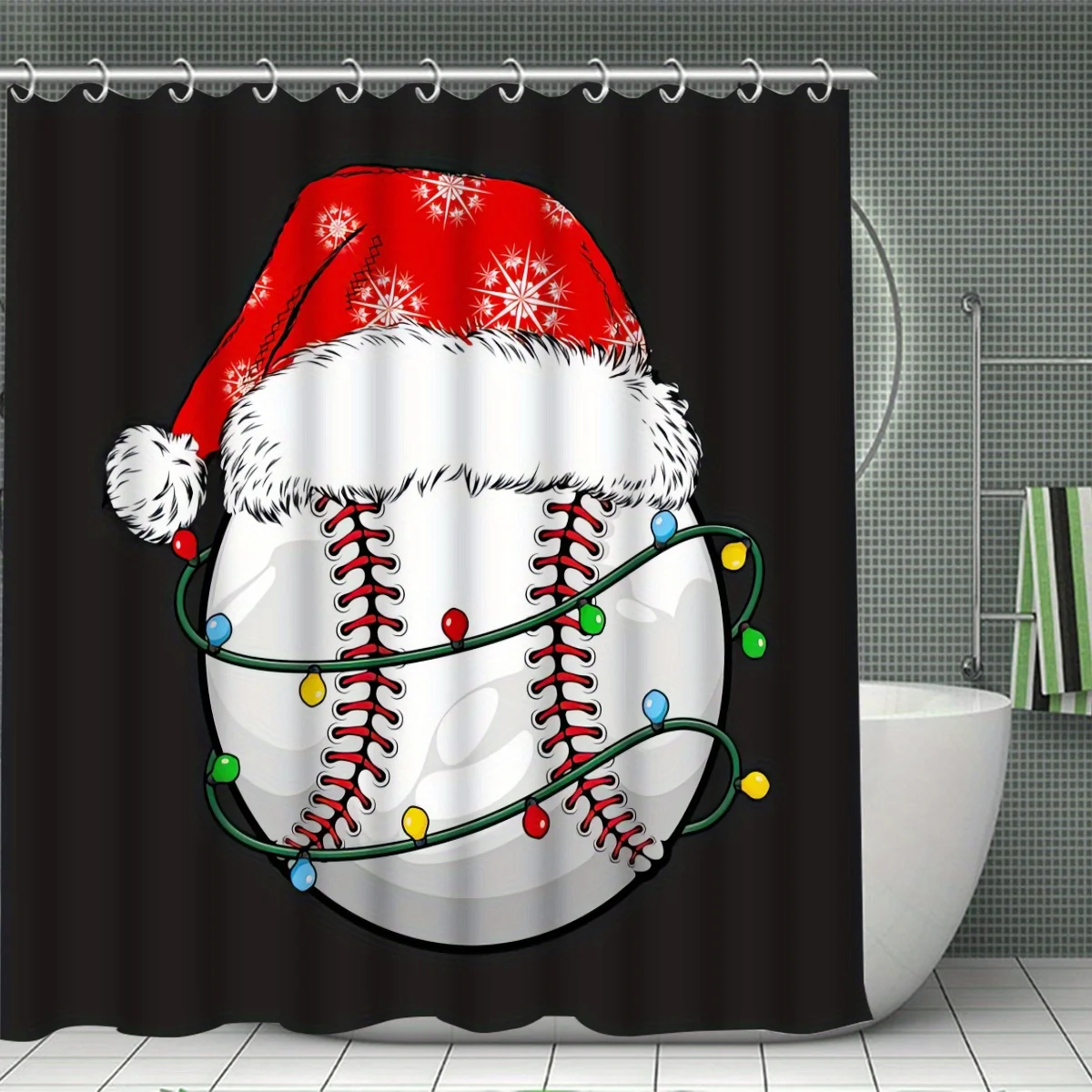 Baseball-Themed Christmas Shower Curtain Set with 12 Hooks - Polyester, Non-Slip Bath Mat, U-Shaped Toilet Mat & Lid Cover