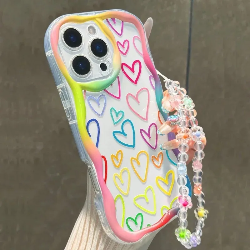 Coque de téléphone en silicone à motif cœurs colorés et bords ondulés pour iPhone 17 16 15 14 13 12 11 Pro Max 17E avec cordon, coque transparente