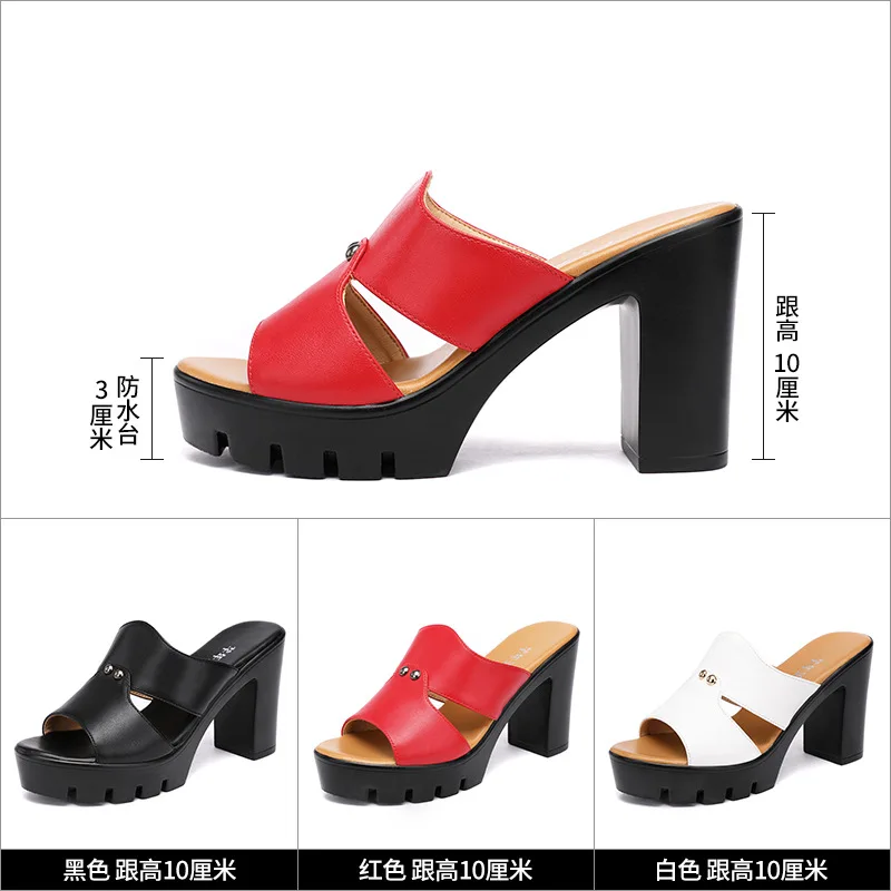 Women High Heels Summer Slippers Woman Open Toe Casual Block Heel Platform Genuine Leather Shoes Summer 32-43 Women Sandals