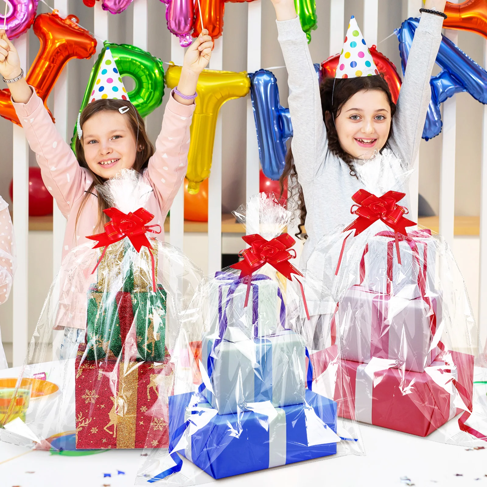 

5 pcs Extra Large Cellophane Bags 75x100CM Clear Basket Wrapping Plastic Red Bow Gift Treat Holiday Party