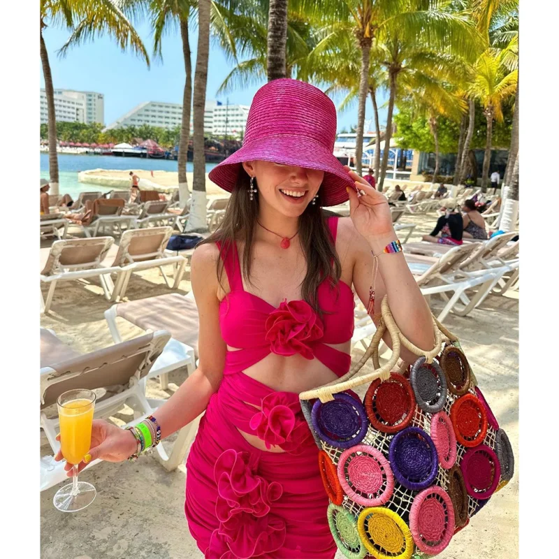 

2023 New Handmade Floral One-Piece Swimsuit Women's Beach Vaion Set Skirt Swimwear Fixed Chest Pad Long Sve Surf Suit