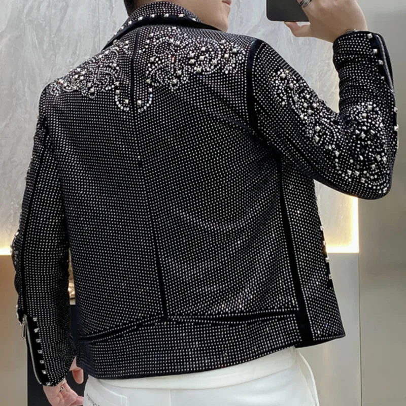 Locomotive Top Quality Luxury Rhinestones Jacket Men Jacket Coat Hot Drill  Punk Club Outfit Jacket Jaqueta Bomber Diamond Black