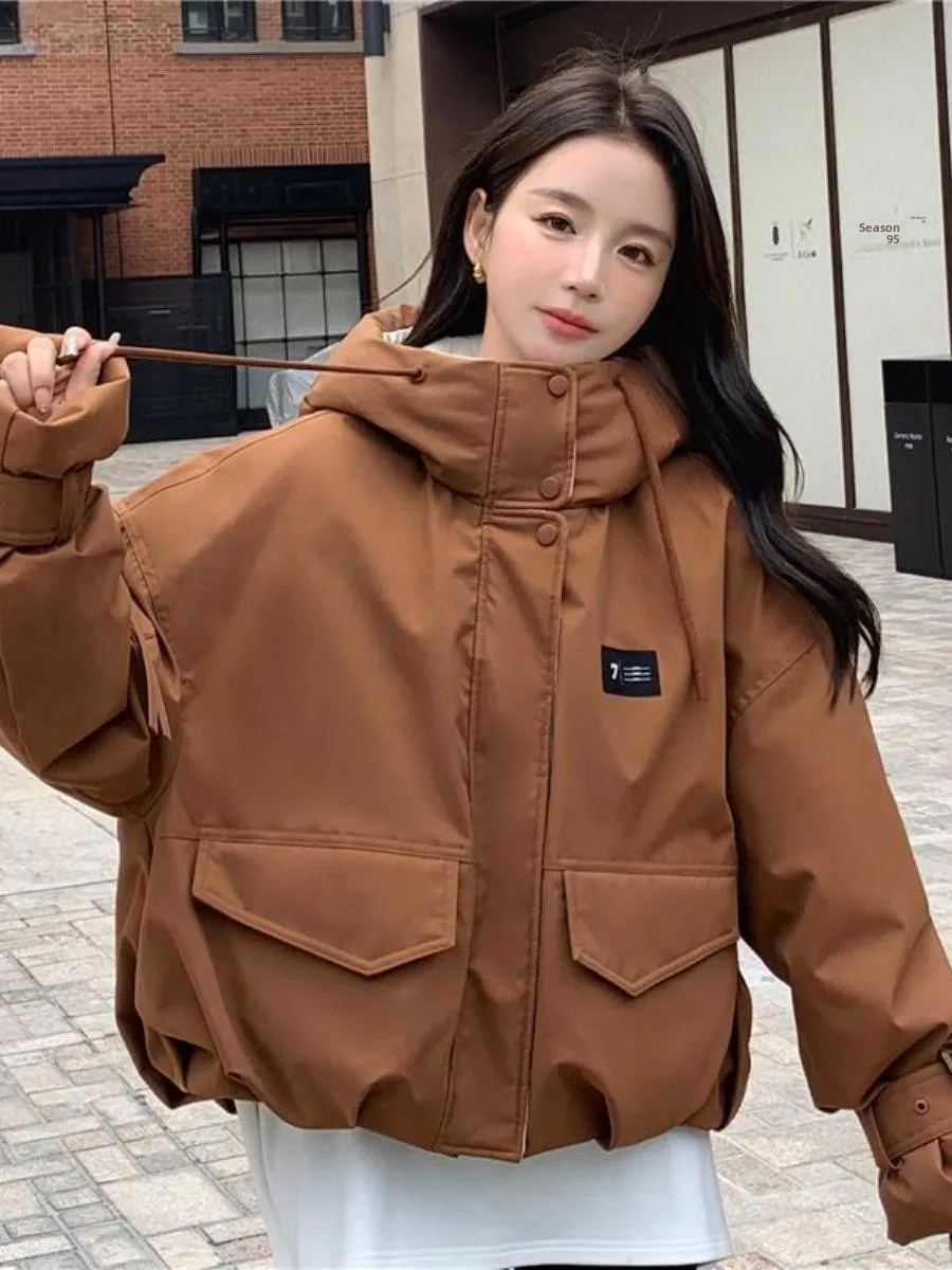 Cel Brown Cotton Gefüttert Thiened Jaet Damen Kleine Größe Winter Neuer lockerer Baumwollmantel Trenchcoat Sle Abnehmbare Kapuze