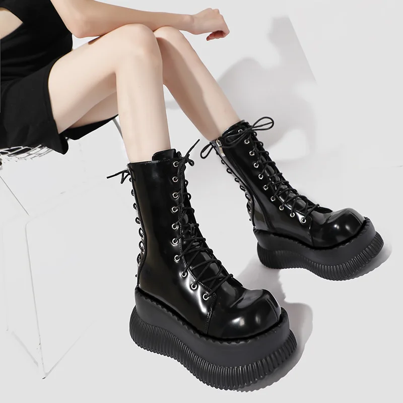 

Dropshipping Punk Style Lace-Up Locomotive Boots Thick Sole Heightening Round Head Zipper Knight Boots Women's Boots Sneakers