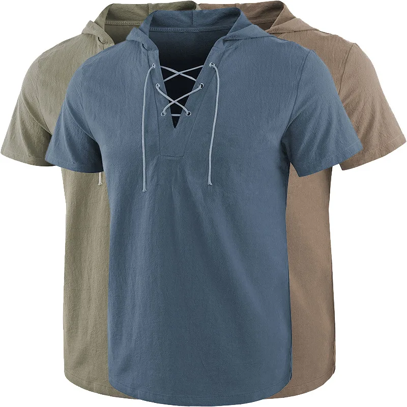 Men's Hooded Loose Tie Up Short Sleeved T-shirt Solid Color Casual European and American Style Top Summer New Men's Clothing