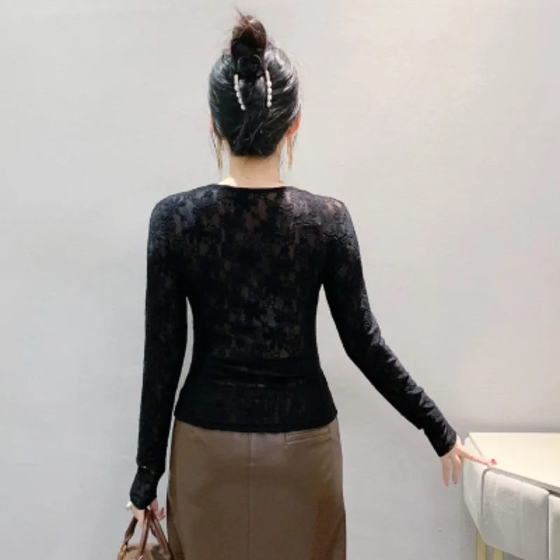 Autumn New Fashion Slim Lace T-Shirt Women's Elegant Sexy V-neck Patchwork Folded Long Sleeved Tshirt Femme Streetwear Tees