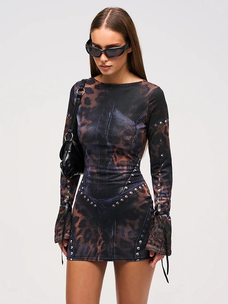 Nibber Leopard Print Women Dress Rivet Frenulum Gradient Long Sleeves Skinny Midnight American Retro Rock Style Mini Bodycon