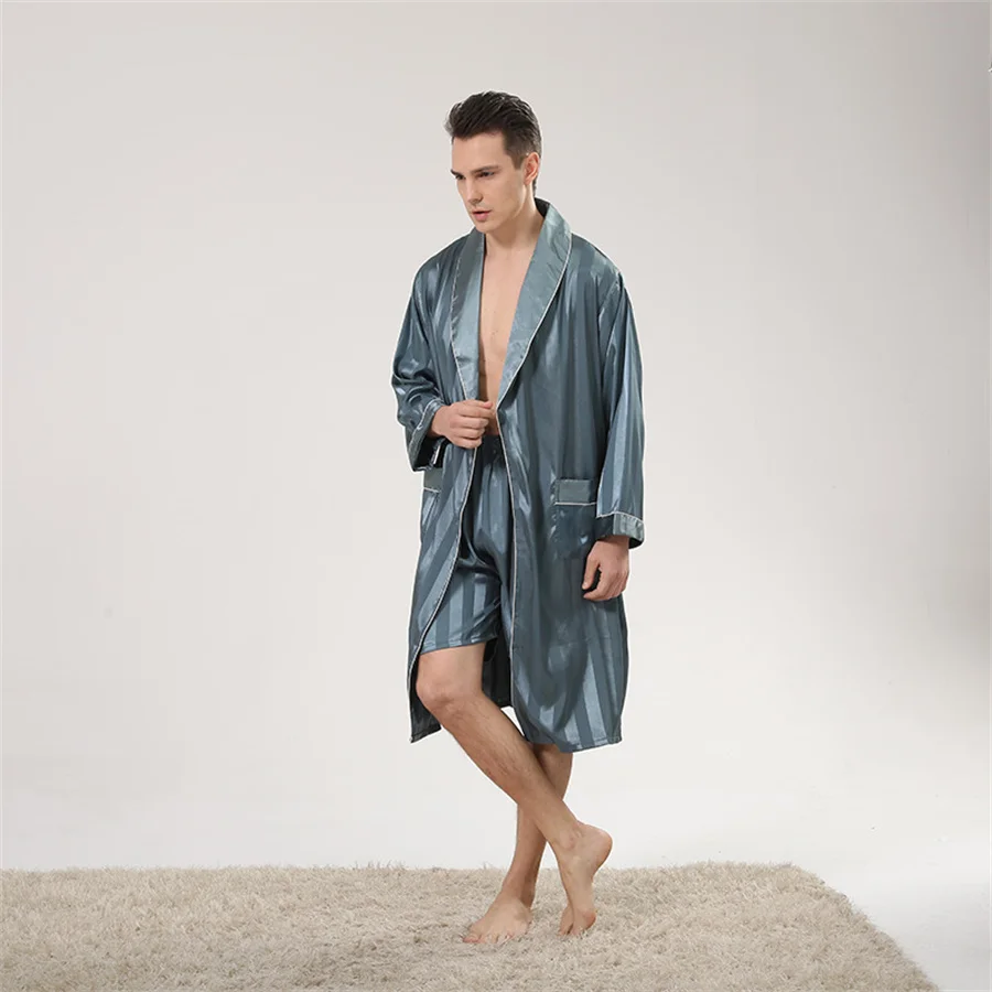 Shower Robe and Shorts Men's Silk Bathrobe Soft Cozy Long Sleeve Hotel Sauna Striped Sleepwear Men Kimono Nightgown Pajamas Set