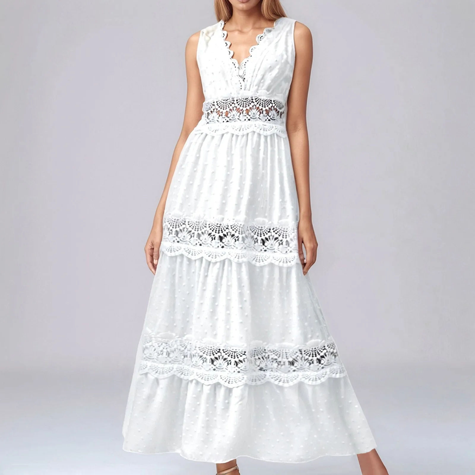 

Women'S White Party Dress Fashion Lace V-Neck Ruffle Hook Flower Hollow Waist Maxi Women Dresses Summer Sexy Prom Female Vestido