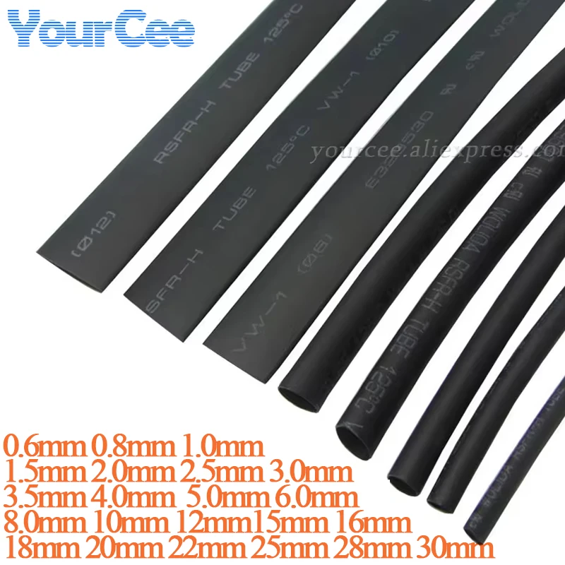 Heat Shrink Heatshrink Tubing Tube Black 1mm 2mm 3mm 4mm 5mm 6mm 8mm 10mm 12mm 15mm 16mm 18mm 20mm 25mm 28mm 30mm Wrap Wire 2:1