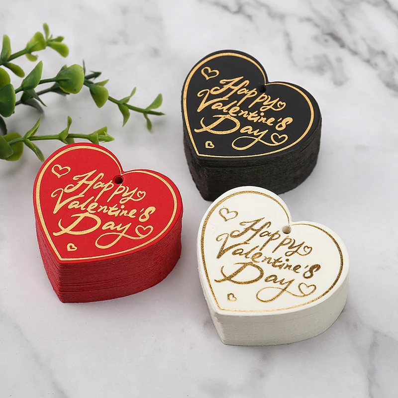 100pcs Bronzing Heart Happy Valentine Days Tags Garment Gift Flower Hanger Tag Paper  Valentines Pendant Party Supply
