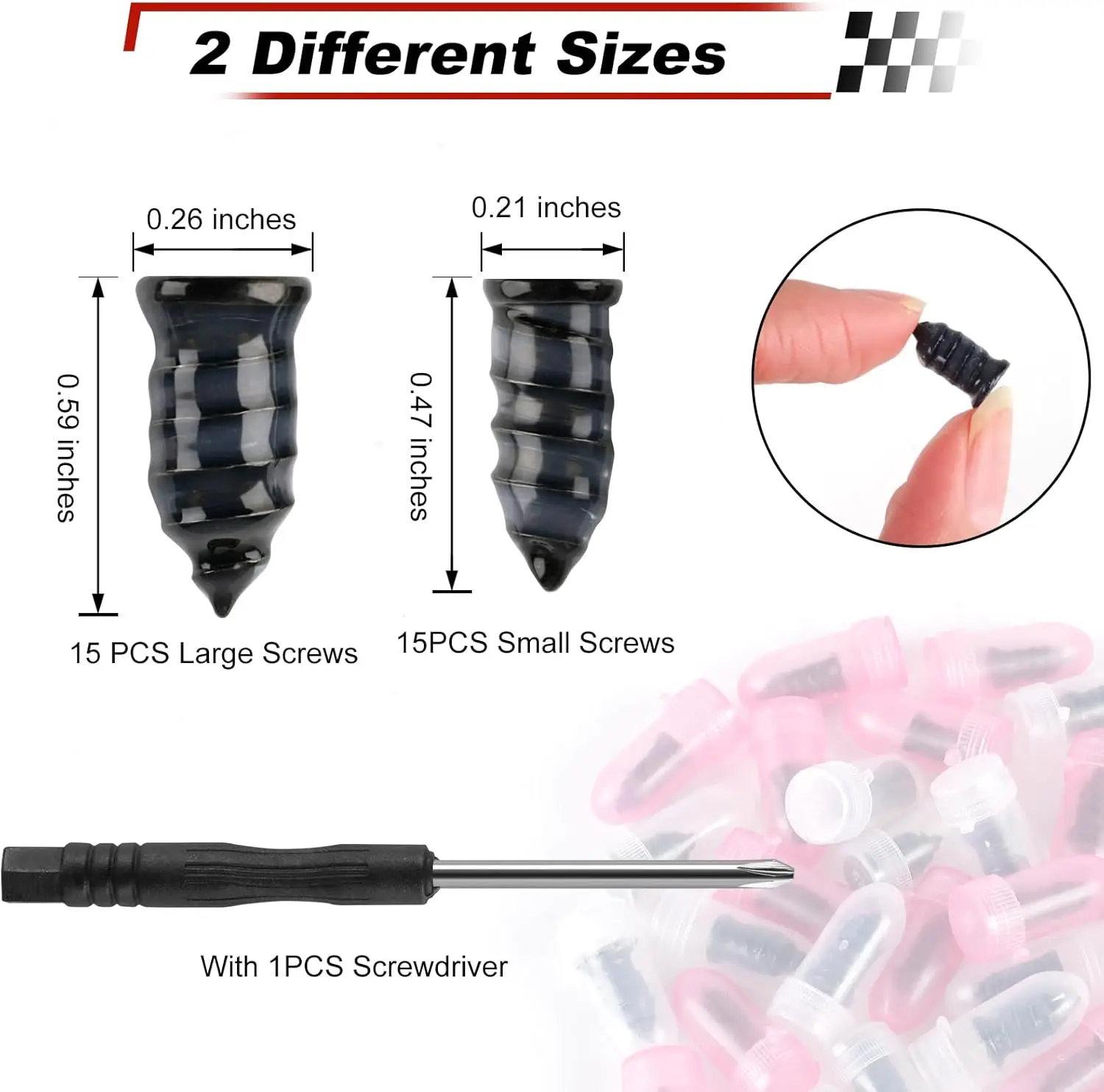30PCS Tire Repair Rubber Nail Kit, Self-Service Tire Repair Screws with 2 Sizes, Screw in Tire Plugs with Screwdriver, Tire Plug