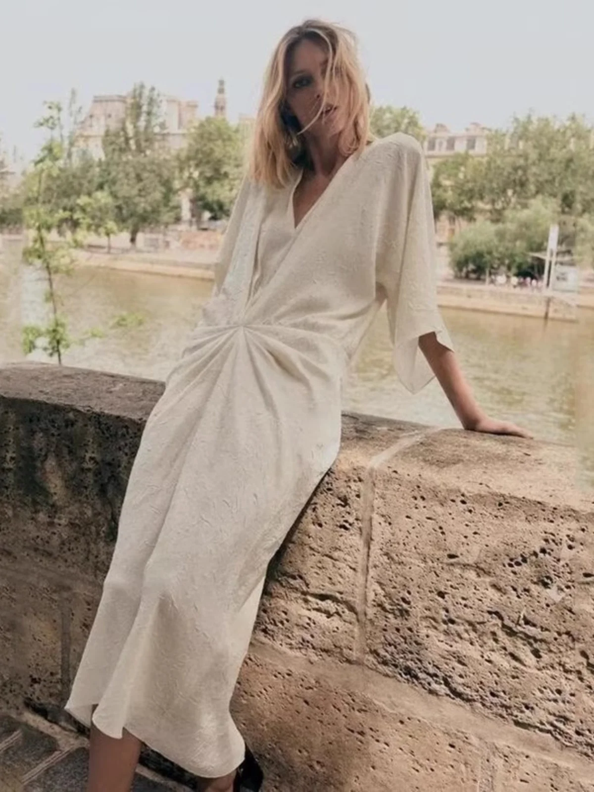 Chic Casual Midi Dr 82272472 Autumn New Arrival Women's Faion Pleated Effect Street Sle f Sve V-ne Summer Dr
