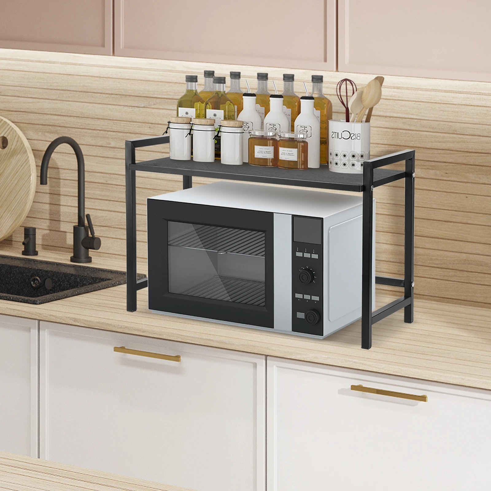 Expandable Microwave Rack Heavy Duty Extendable Microwave Stand Multi-Function Over Microwave Shelf for Kitchen Countertop