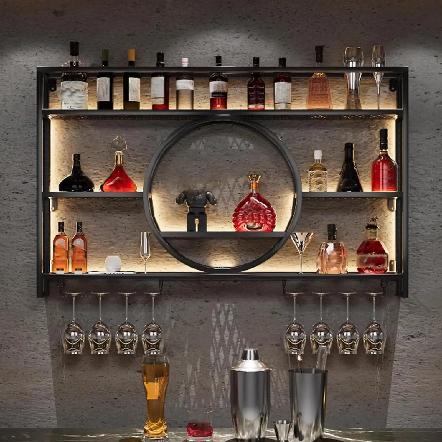 Metal Wall Mounted Wine Rack with LED Light, Floating Liquor Bottle Display Shelf for Kitchen Dining Room Bar