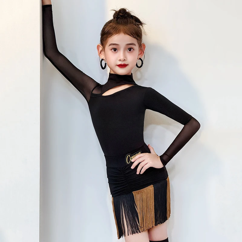 2025 New Latin Dress For Girls Black Performance Clothes Long Sleeve Bodysuit Fringe Skirt Kid Competition Stage Outfit