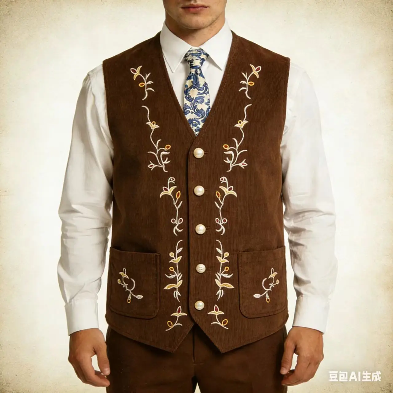 Men's Retro Corduroy Embroidered Vest British Style V-neck Single Breasted Waistcoat Casual Business Banquet Sleeveless Jacket
