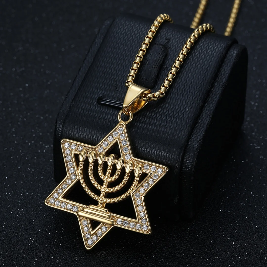 Religious Iced Out Bling Star of David Pendant Stainless Steel Israel Hebrew Hexagram Necklace for Women Men Jewish Jewelry Gift