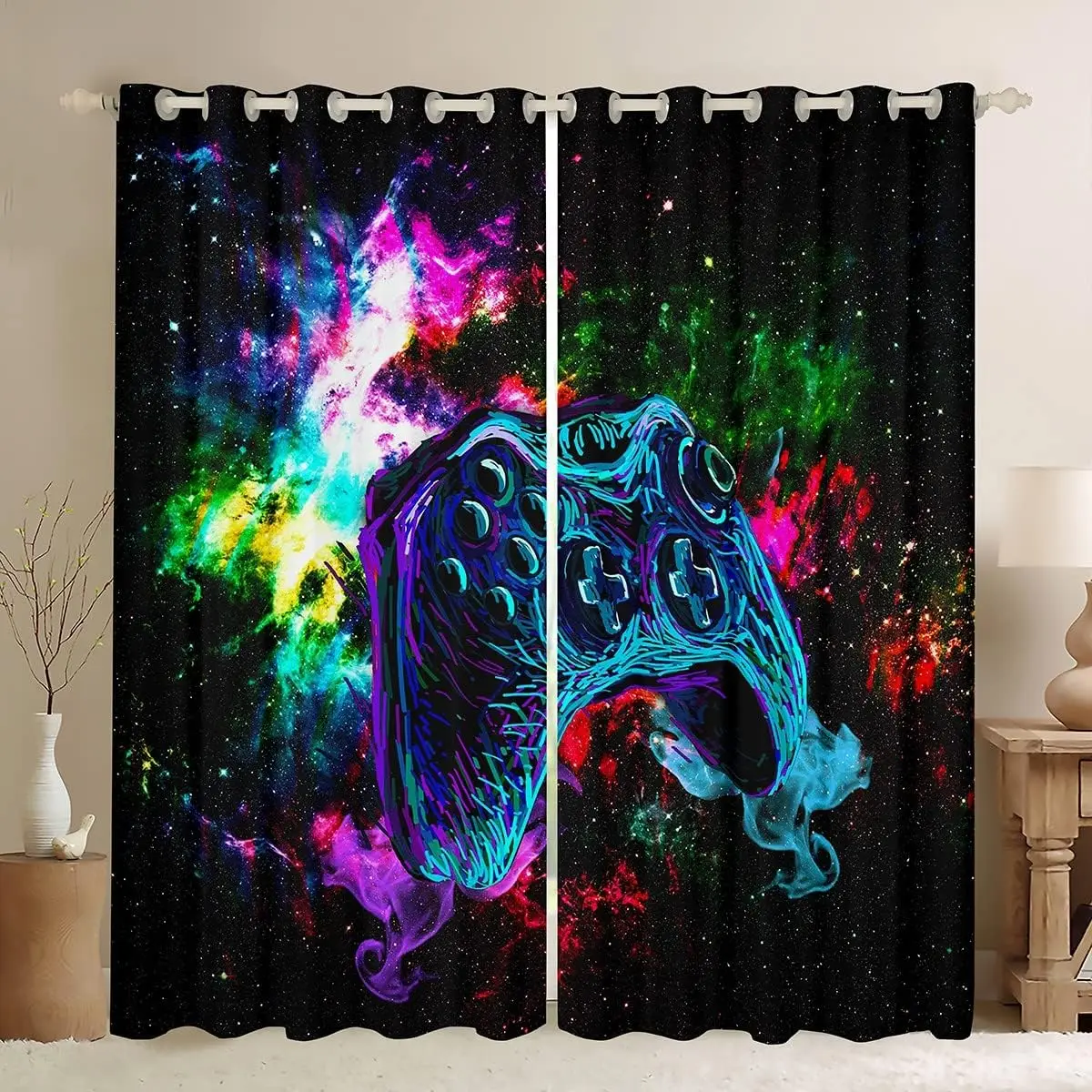 Gaming Curtains for Boys Game Room Decor,Gamer Curtains for Teens Kids Star Universe Plaid Game Controller Print Window cortinas