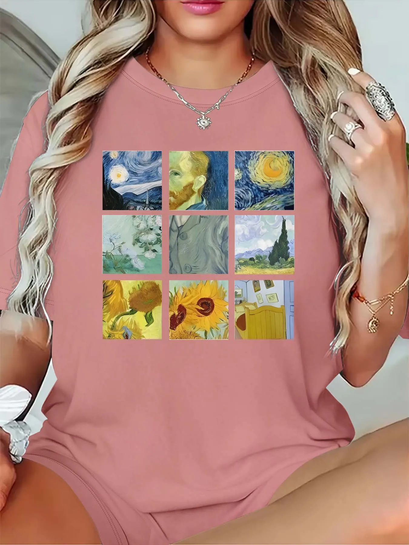 Plus Size Artistic Van Gogh Masterpiece Collage Tee For Women’s Sophisticated Fashion Taste