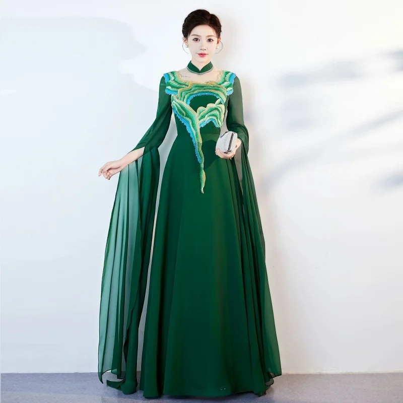 

Женское традиционное вьетнамское платье с восточной цветочной вышивкой, вечерняя вечеринка, Aodai Cheongsam, танцевальный костюм для сценического шоу