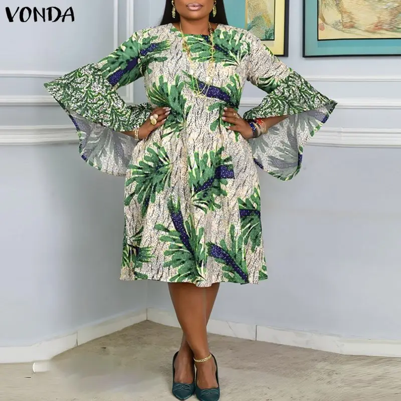 VONDA grande taille 5XL Vintage imprimé fleuri robes femmes fête robe d'été 2026 mode manches longues évasées décontracté surdimensionné robes