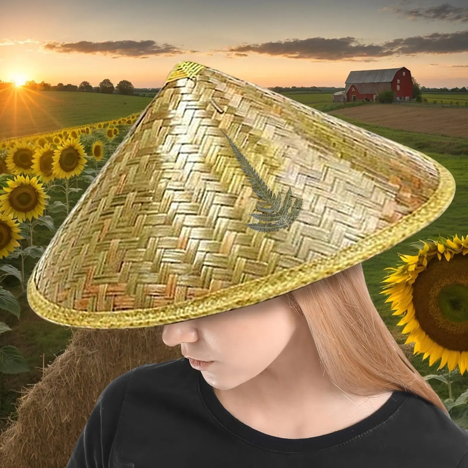Chinese Straw Hat Handmade Rattan Hat with Adjustable Chin Strap for Fishing Gardening Camping Hiking Outdoors