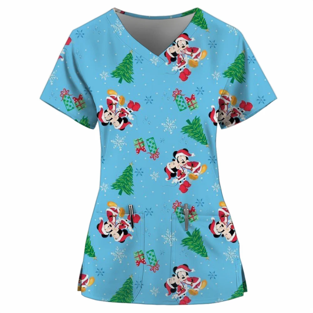 Christmas Hospital Nurse Blouse Disney Mickey Mouse print Medical Uniforms Women Nursing Scrubs Shirts Short Midwife Workers Top