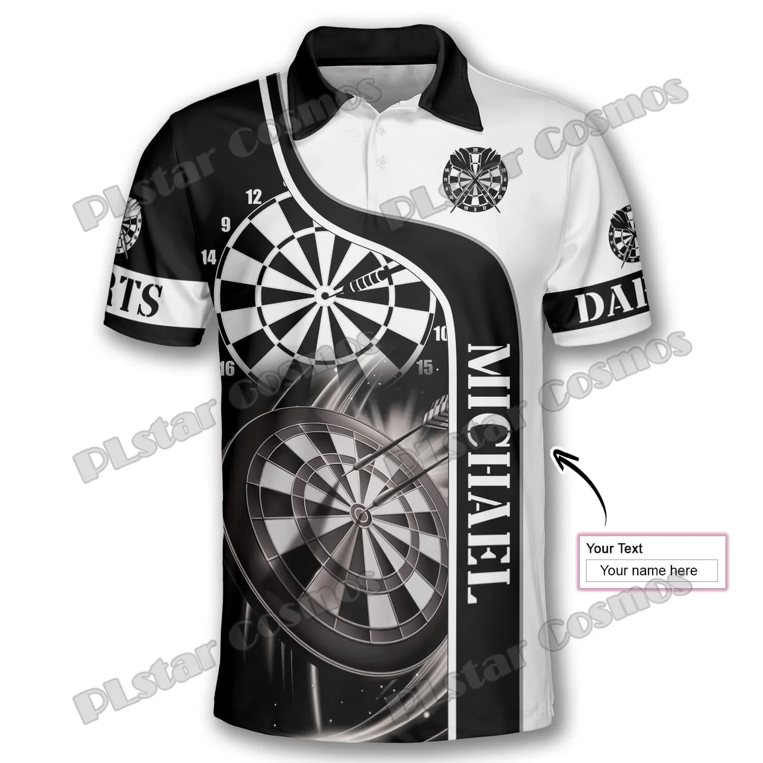 

Darts Black White Emblem Pattern Custom Name 3D Printed Fashion Men's Polo Shirts Summer Casual Unisex Premium Polo Shirt PLP35