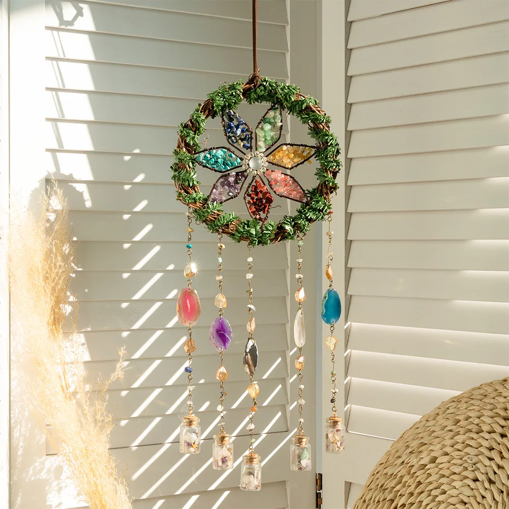 7 Chakras Gemstone Agate Crystal Dream Catcher Natural Agate Bedroom Wall Hanging Crystal Dream Catcher Home Craft Decorations