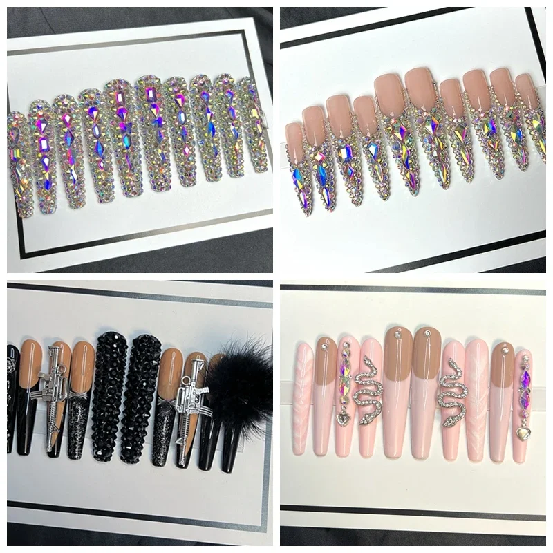 

Custom Handmade Glittery Rhinestone 3XL Long Coffin False Nail Tips Press On Nails Y2K Reusable 5CM Stiletto Fake Nail Glue Gift