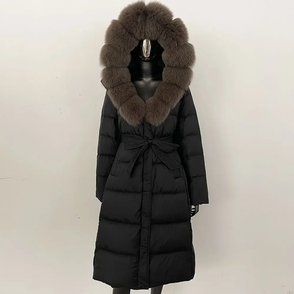 Witte eend donsjack met capuchon, warm waterdicht, echt vossenbontkraag, donsjack, winterlange dames verdikte parka's, pufferjack