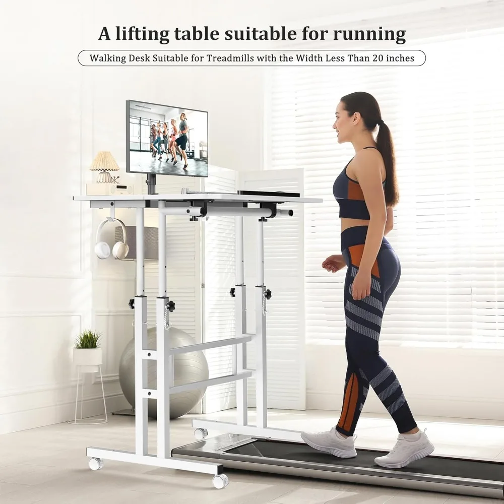 Portable Rolling Standing Desk with Wheels, Mobile Adjustable Height Desk, Compact Stand-Up Desk for Office and Walking Pad Use