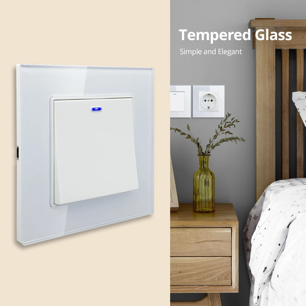 Wallpad Electrical Outlets And Switches Wall Light Luxury White Crystal Tempered Glass Panel EU Standard AC110 220V