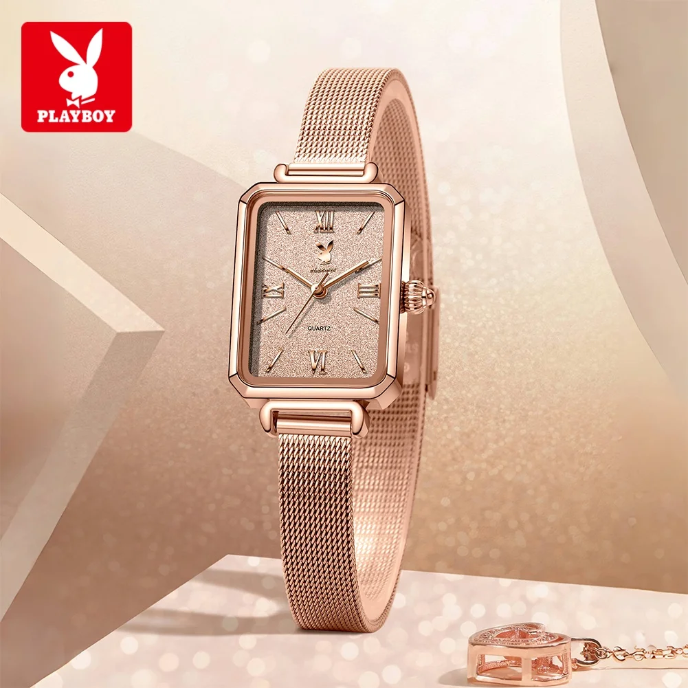 PLAYBOY 3100 Luxury Women's Watch Rose Gold Mesh Starry Dial Square Quartz Wristwatch Waterproof Ladies Dress Date Watch