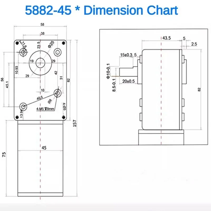 Micro DC Motor 12V 24V 5882-45 Worm Gear DC Reduction Motor Right Angle High Torque Adjustable Speed
