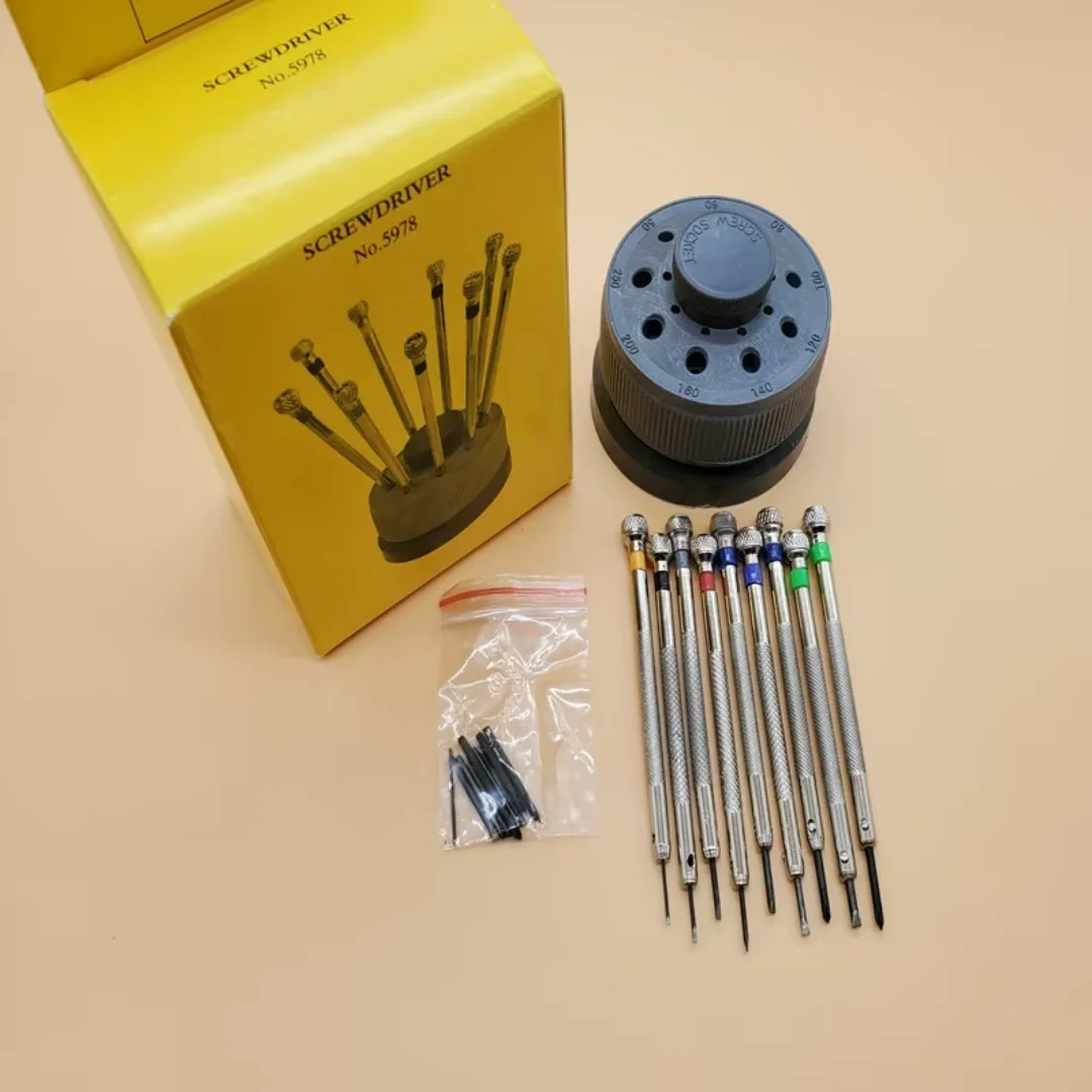 9PCS Screwdrivers Set Watch Repair Tool Screwdriver Set with Rotating Base Steel Screwdriver for Watch and Glasses Repair