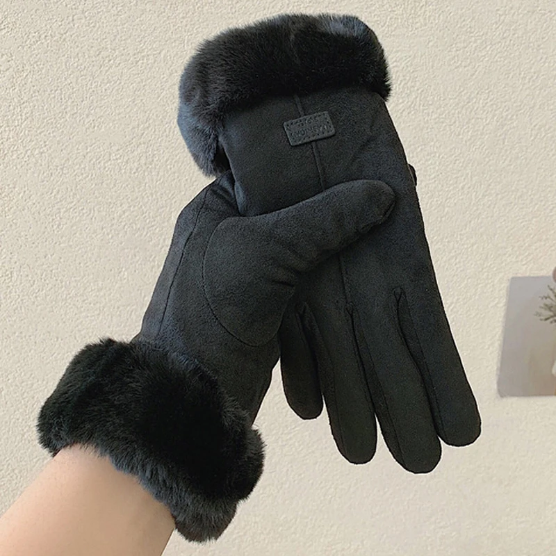 

Winter Suede Leather Gloves Women Full Finger Female Warm Plus Velvet Thicken Cahsmere Elastic Windproof Touchscreen Gloves