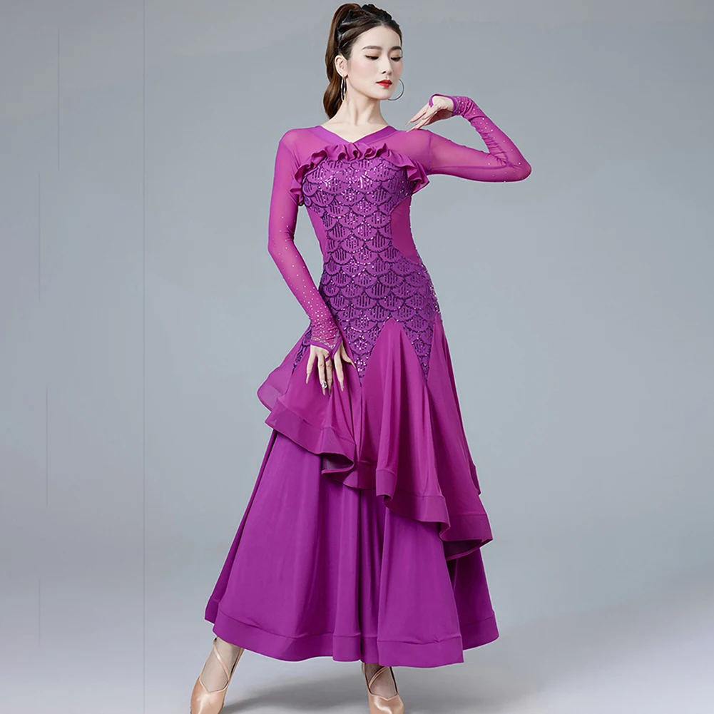 

Платье для бальных танцев, чемпионат, новый современный танец цвета фуксии, новое большое платье с длинными рукавами и блестками, красная женская одежда с v-образным вырезом