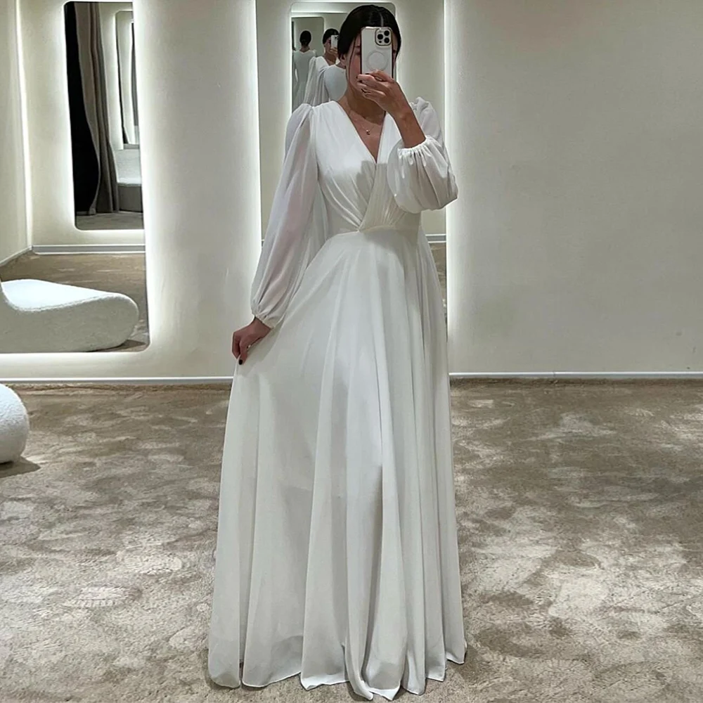 

Formal Dresses Women Elegant Chiffon A-line Evening Dress White V-neck Pleat Ruched Simple Valentine's Day Long Gown 2025