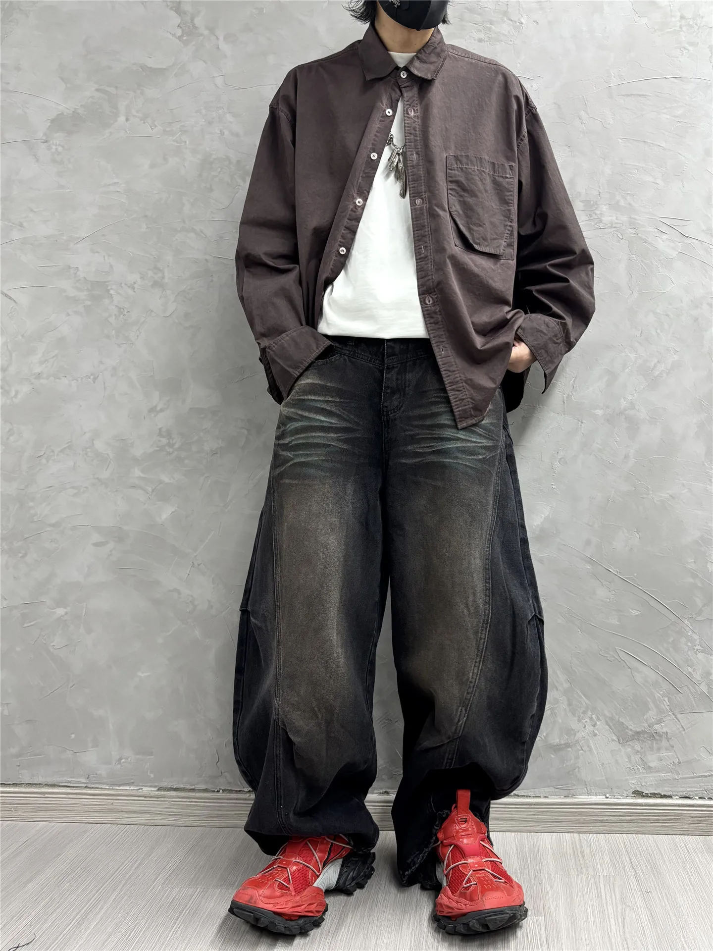 High Street Shirts Men's Pioneer Sand Dune Waste Soil Wind Doing Old Dirty Stained Long Sleeved Coat Loose Casual Shirt Top