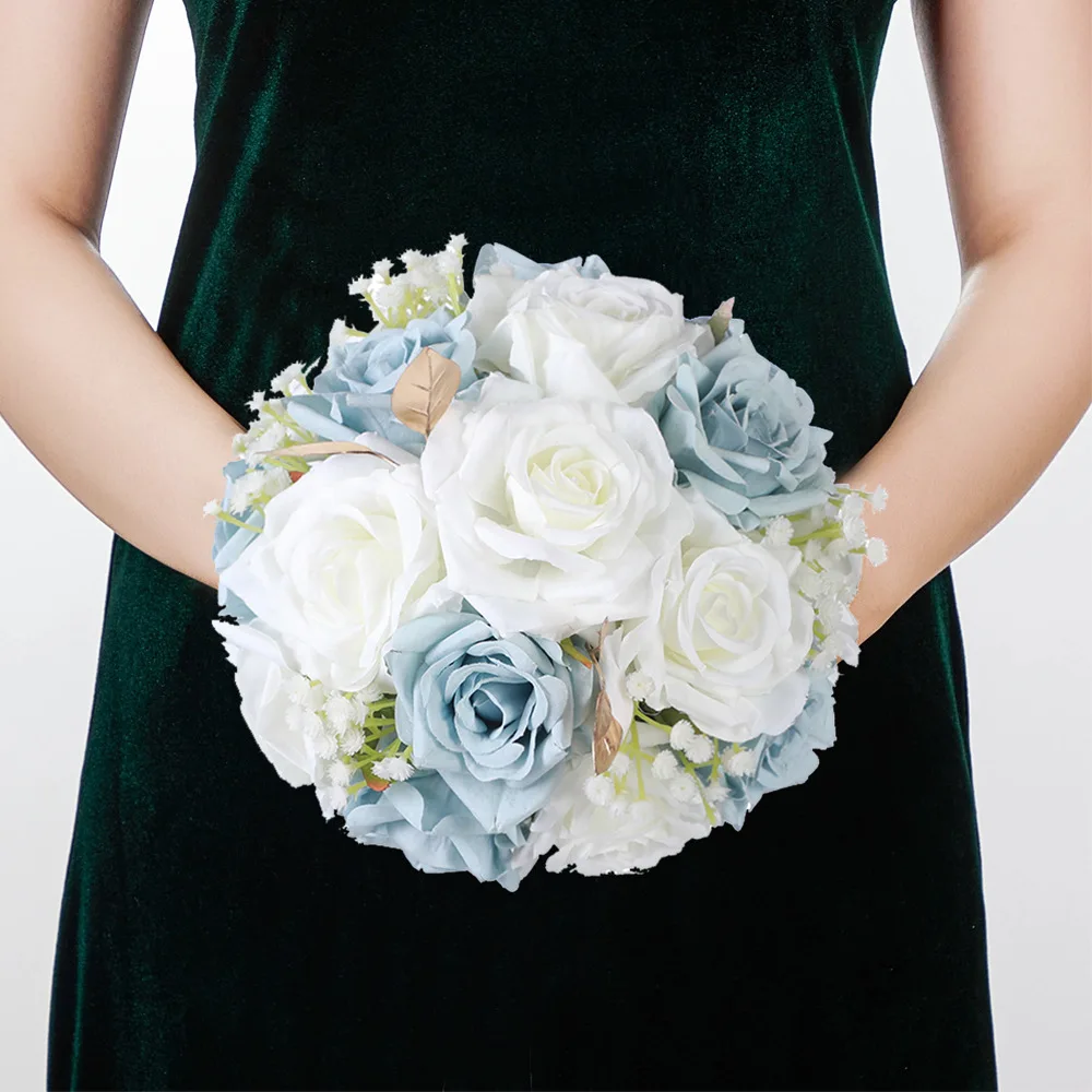 

YeeNanee Blue White Theme Wedding Bouquets for Bride Bridesmaids Silk Rose Flower Bridal Bouquet Blue Corsage Boutonniere Set