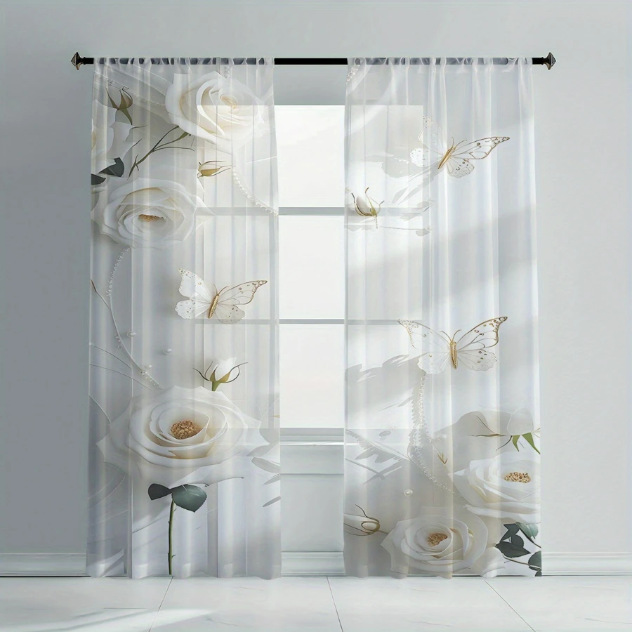 2PCS Digital Printing Sheer Curtain, White Roses Golden Butterflies Pattern, Romantic Luxury Wedding Bridal Bedroom Decor