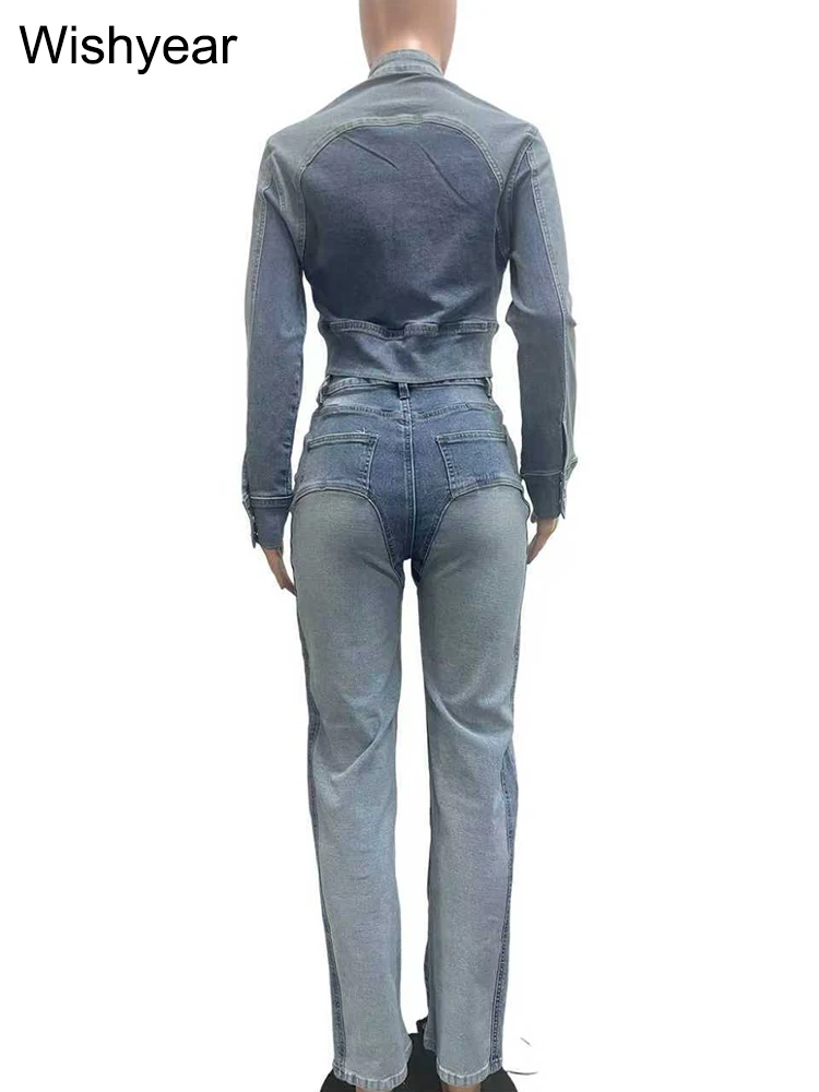 Vintage Denim Patchwork Jackets Coat and Pencil Pants Blue Jeans 2 Piece Sets Women Casual Streetwear Winter Fall Matching Suit