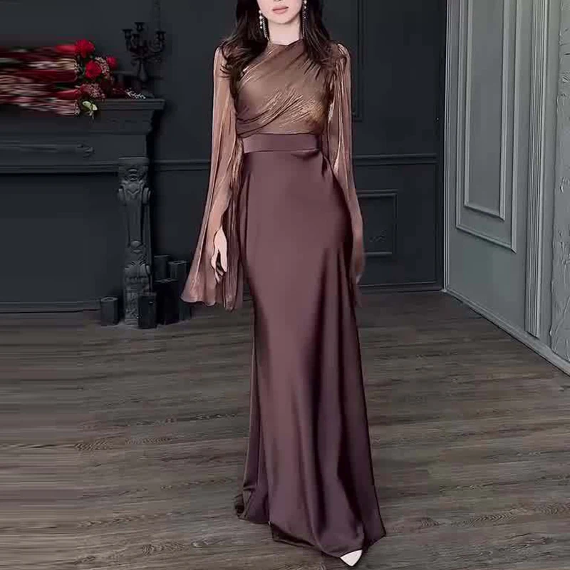 Vintage High Waisted Women Satin Long Dress New Ladies Temperament Crew Collar Dresses Elegant Slim Long Sleeve Banquet Dresses